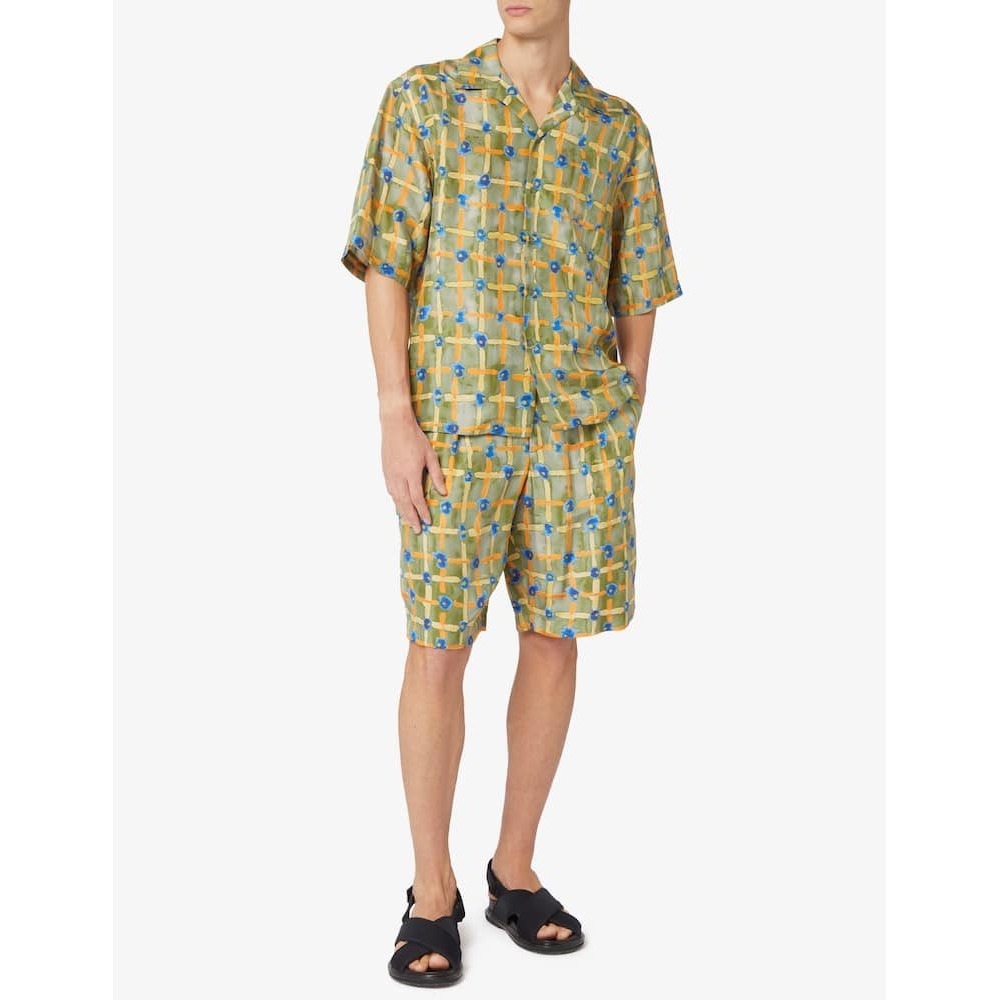 Marni Mens‎ 100% Silk 2 Piece Set Shirt Shorts Green Floral Grid Size 50/52 NWT